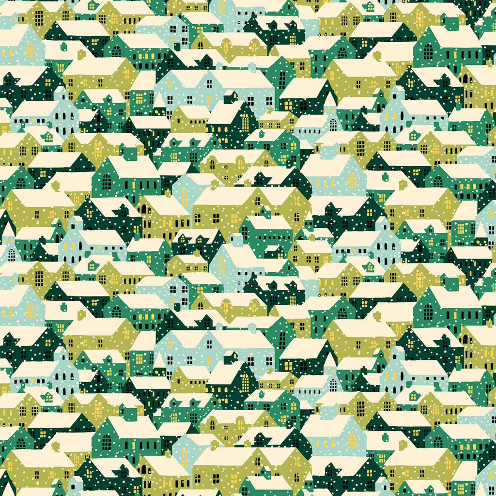1/2 metro de Casitas Nevadas en verde Colección Feria Festiva Liberty Fabrics