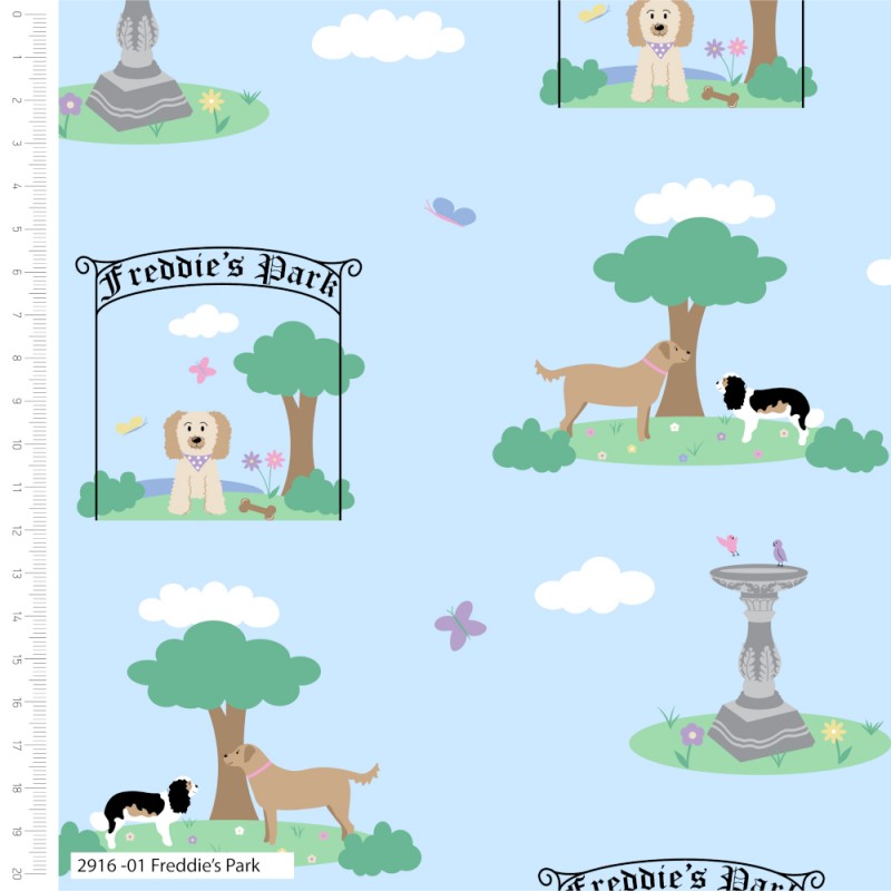 1/2 metro de Tela de algodón estampada Freddie y sus Amigos Perros en el Parque azul