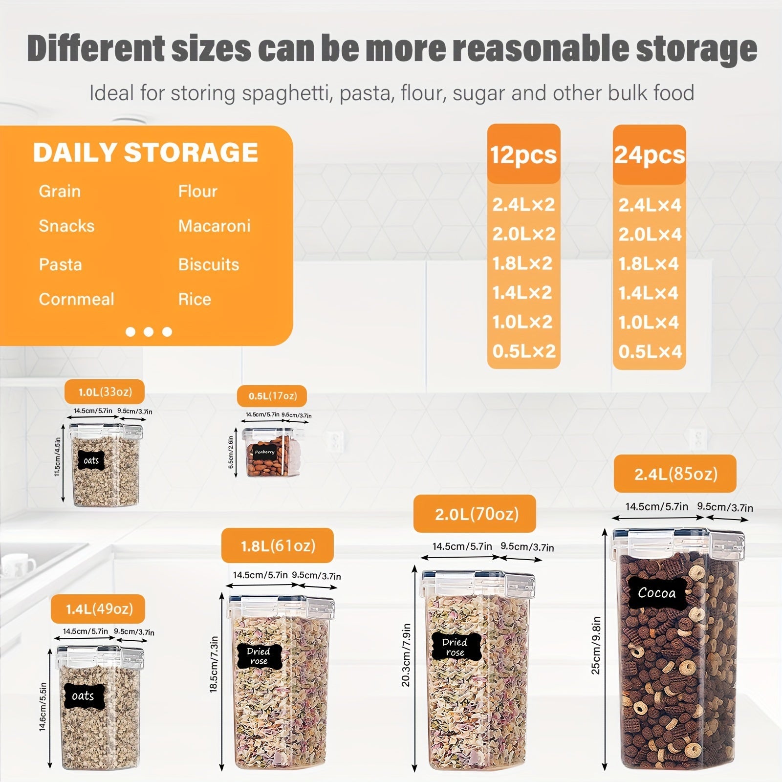 Set de 12/24 Contenedores Herméticos BPA-Free - Multi-Tamaño, Transparentes y Apilables, Incluyen Etiquetas y Marcador, Organización de Cocina y Despensa