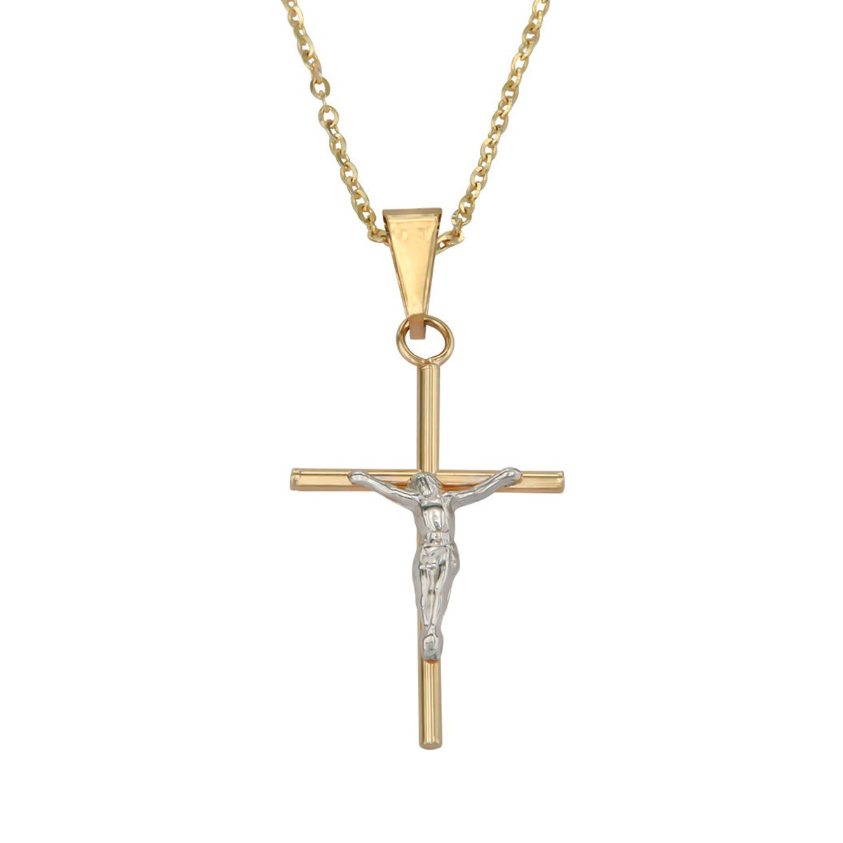 Collar De Cruz De Tubo Y Cristo Rodinado De Oro De 14k