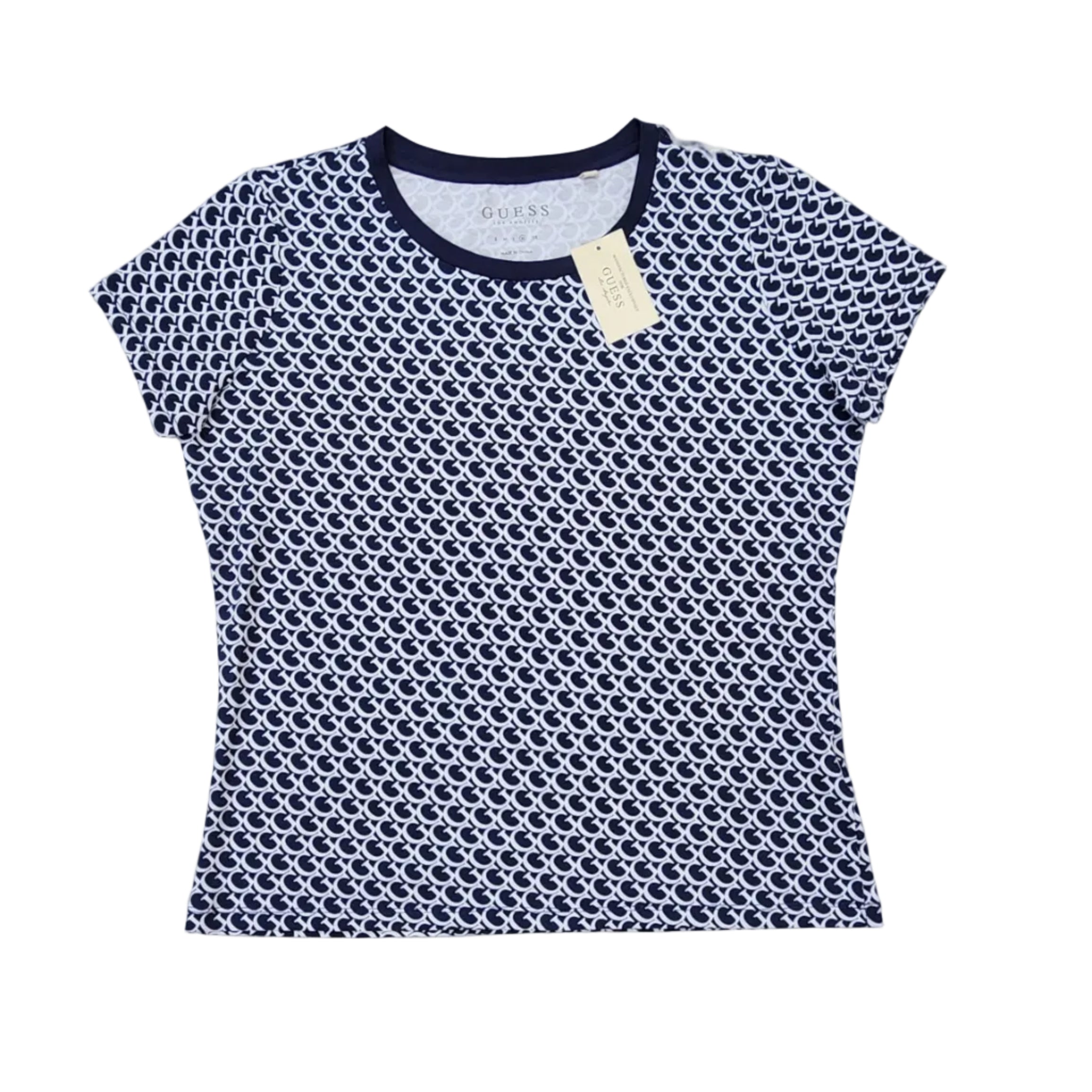 Playera Cuello Redondo Guess Mujer — Monograma G Allover Azul Navy Blanco Talla L