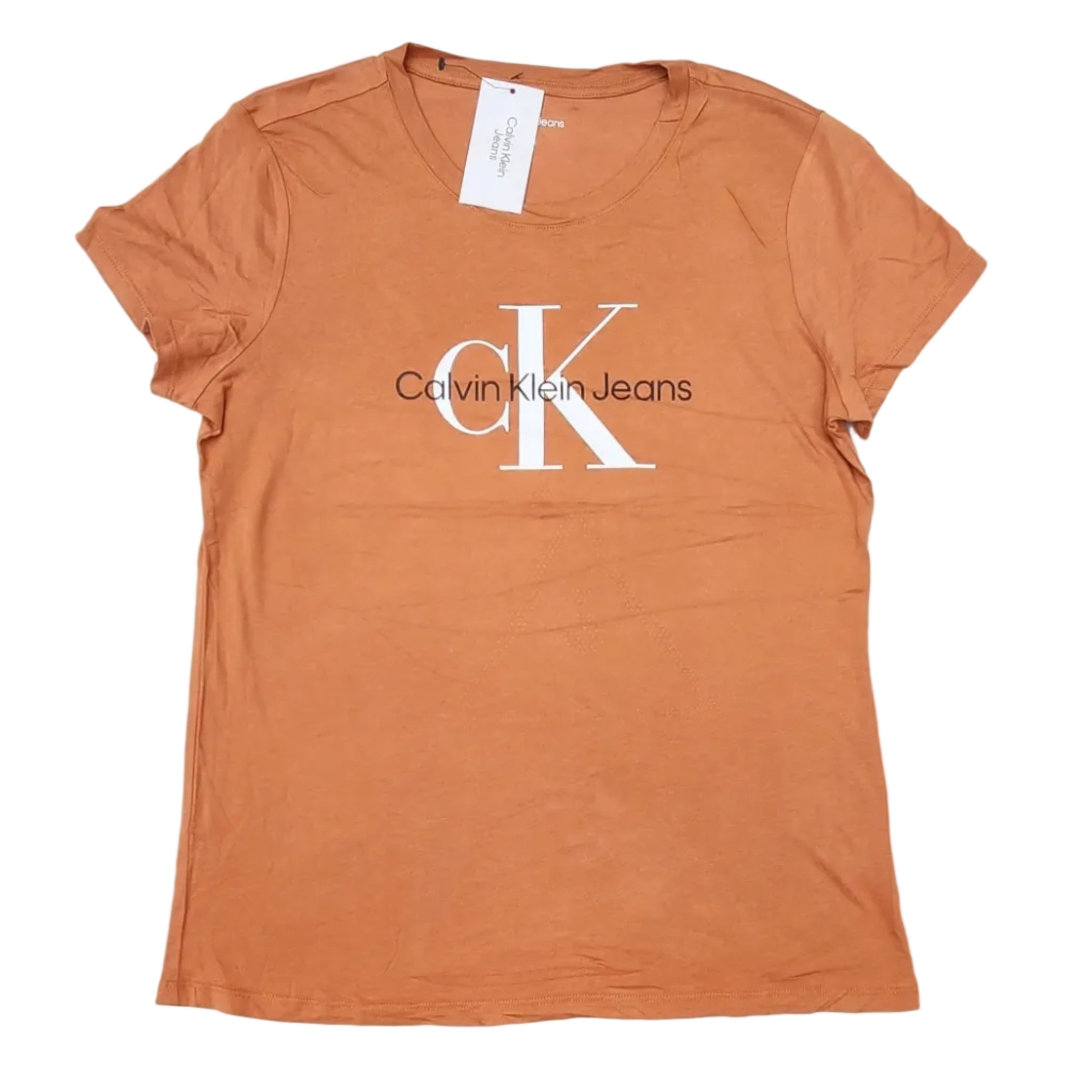 Playera Cuello Redondo Calvin Klein Jeans Mujer — Terracota Logo CK Grande Tallas S-M-L