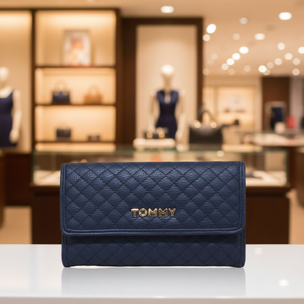 Tommy Hilfiger Flap Wallet — Azul Navy Acolchado Patrón Rombo Letras TOMMY Doradas