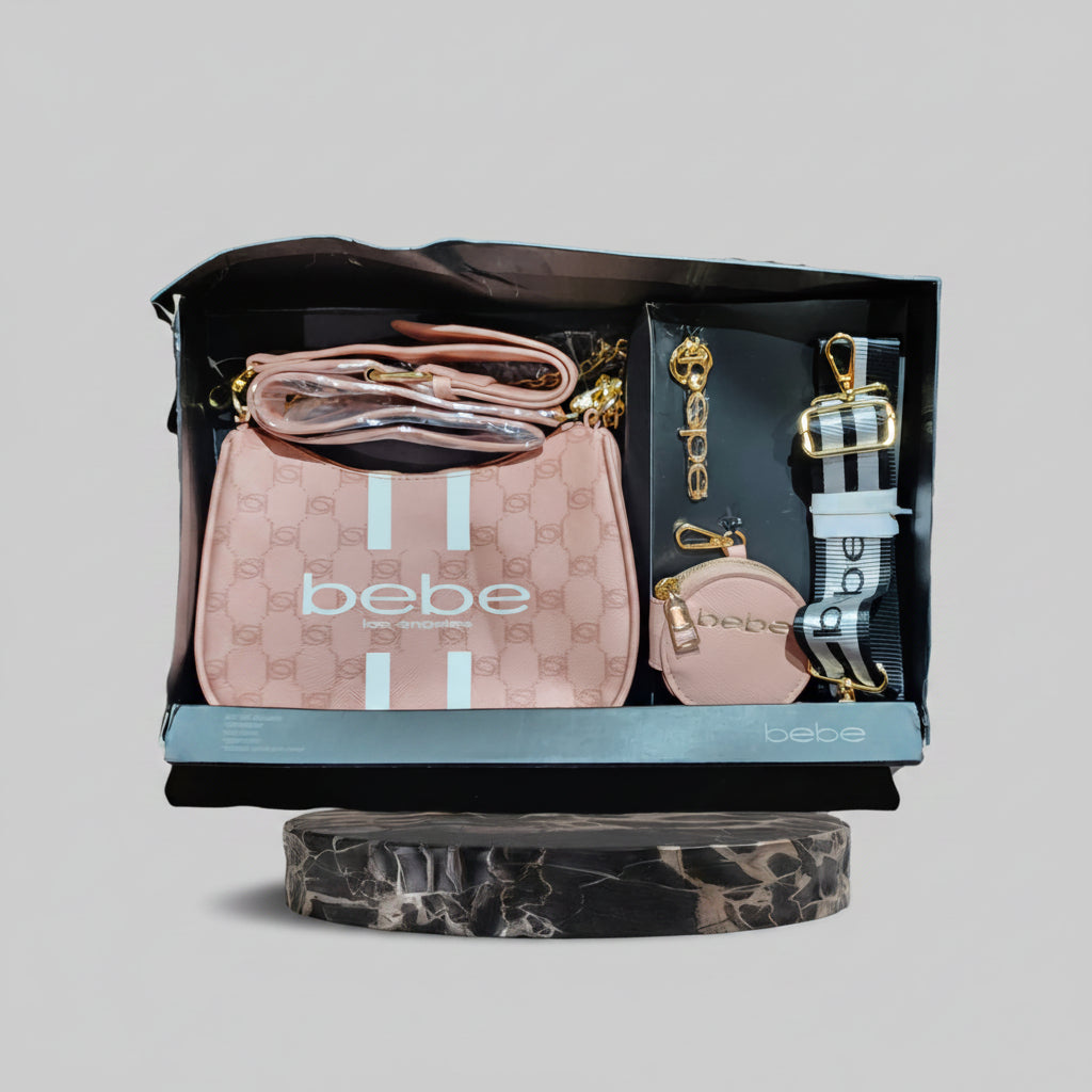 Bebe Gift Set Crossbody Rosa Palo — Monograma con Monedero y Llavero Dorado