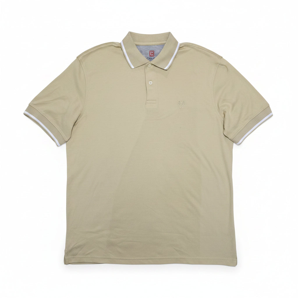 Playera Polo Chaps Hombre — Beige Arena con Rayas Blancas Talla M