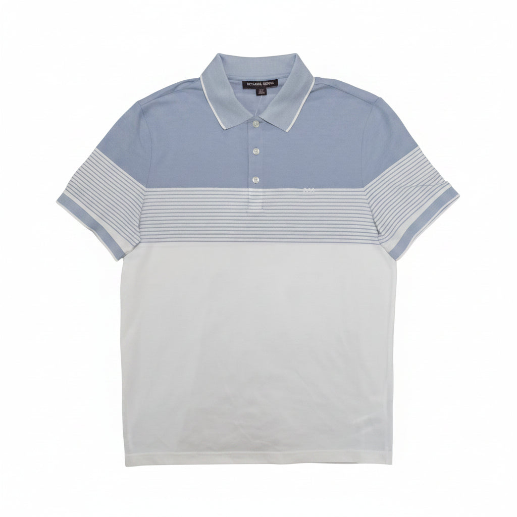 Playera Polo Michael Kors Hombre — Tricolor Azul Cielo y Blanco con Microrayas Talla S
