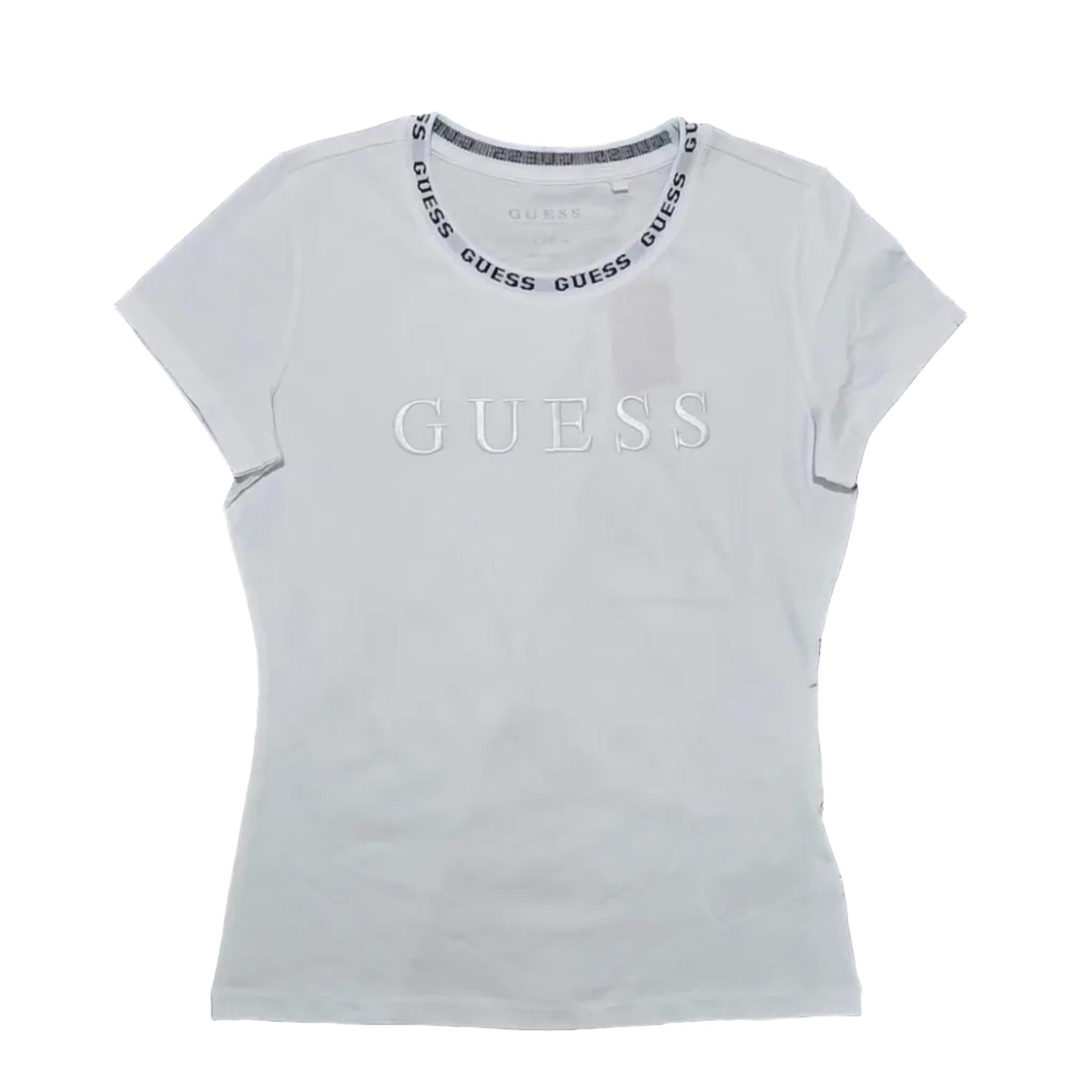 Playera Cuello Redondo Guess Mujer — Blanca Logo Tono sobre Tono y Cinta GUESS en Cuello Talla L