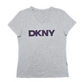 Playera Cuello V DKNY Sport Mujer — Gris Jaspeado Logo DKNY Morado Navy Talla L