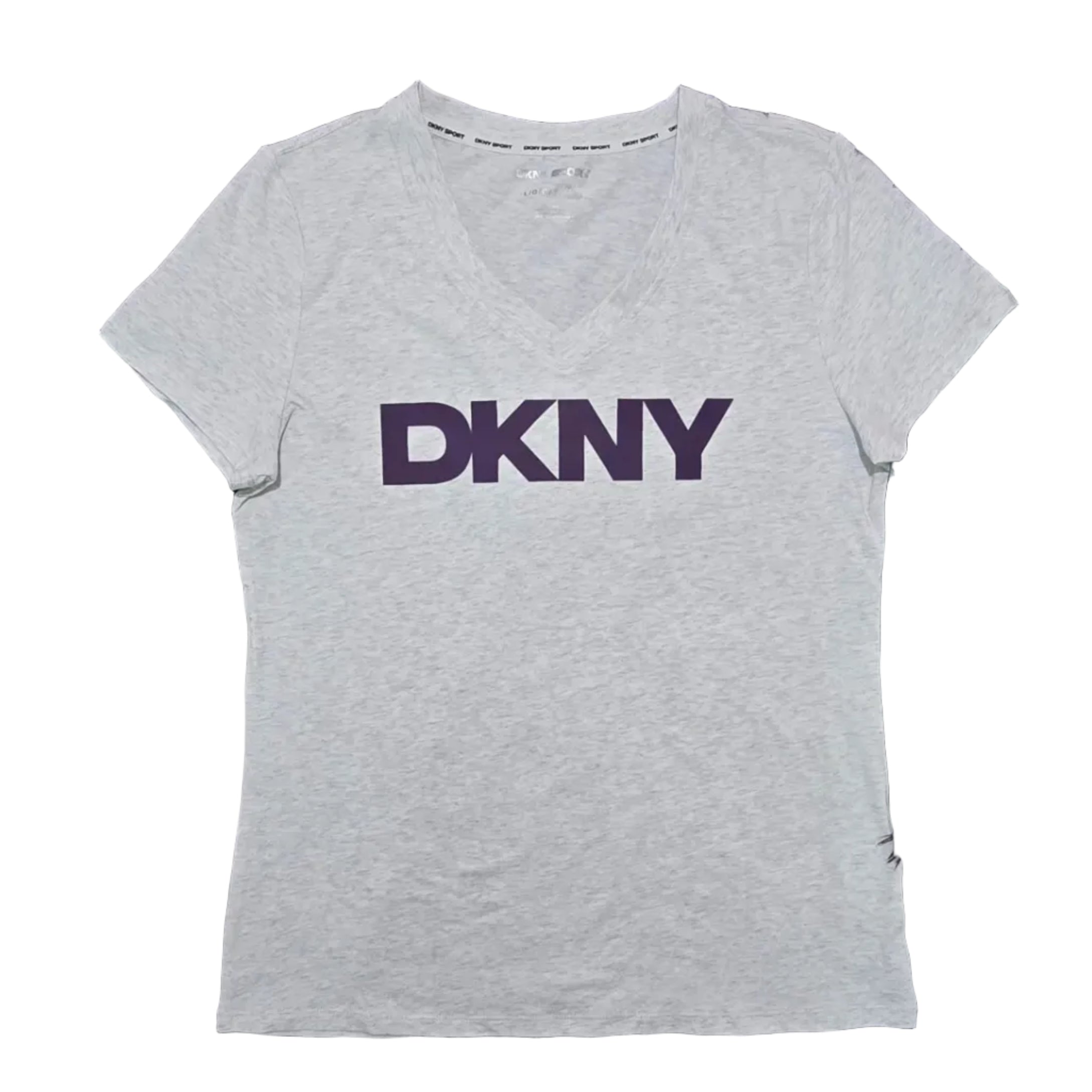 Playera Cuello V DKNY Sport Mujer — Gris Jaspeado Logo DKNY Morado Navy Talla L