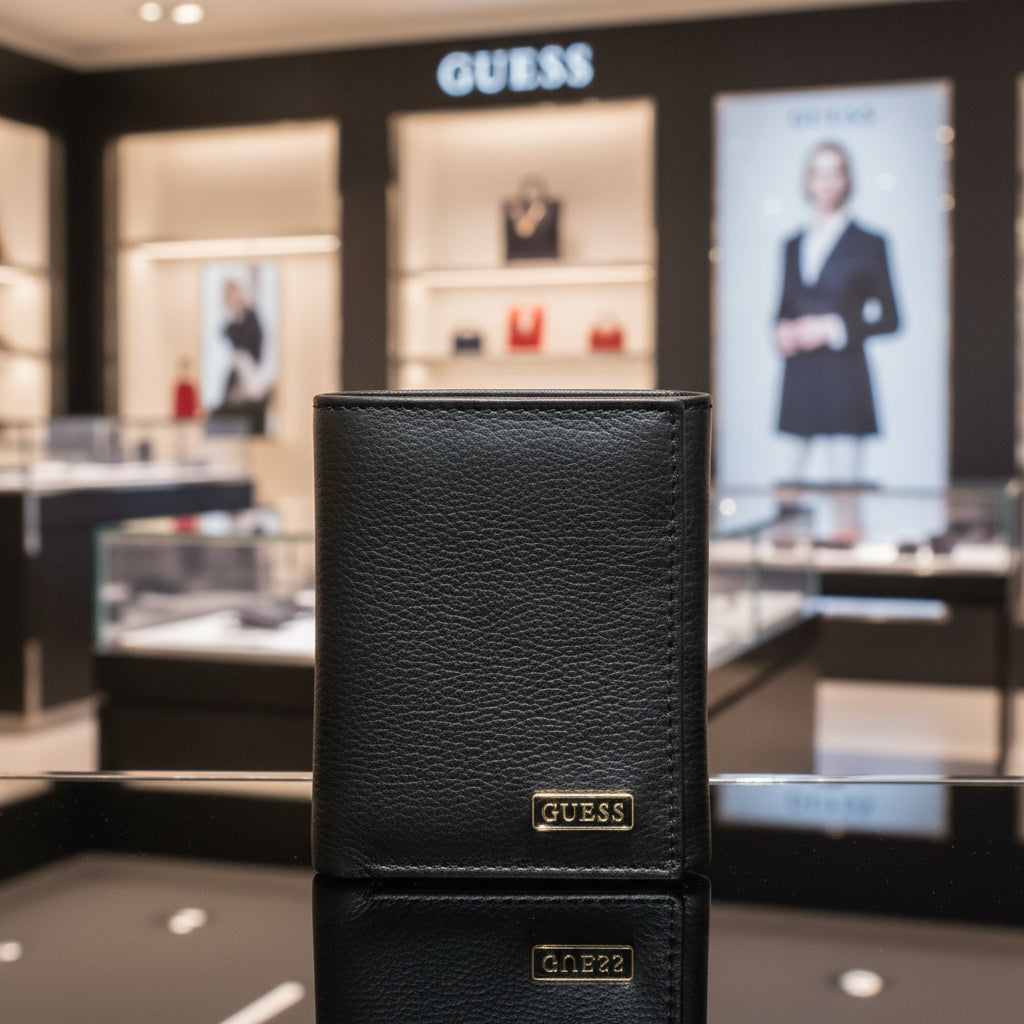 Cartera Guess Hombre — Billfold Negro Piel con Logo Metálico Dorado