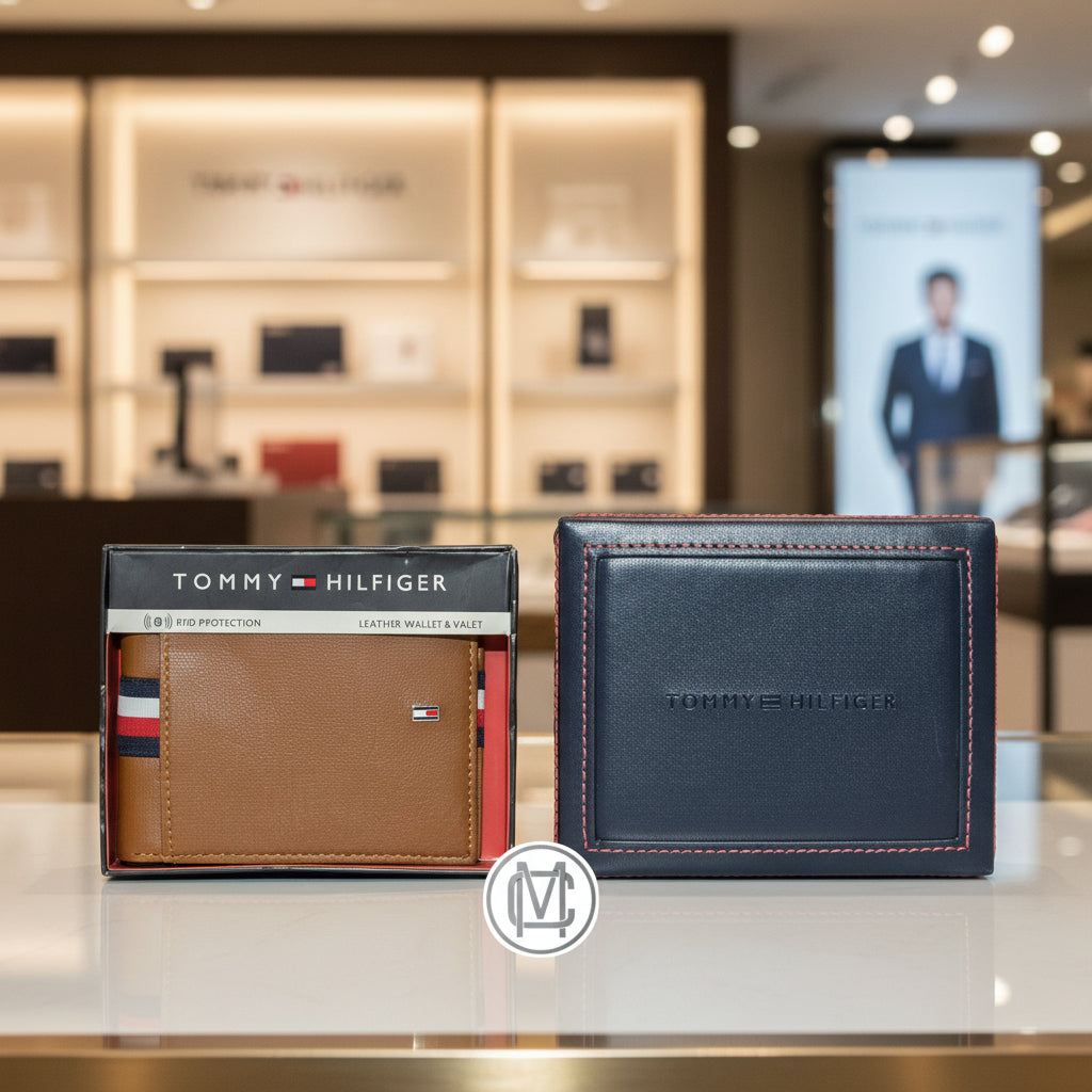 Cartera Tommy Hilfiger Hombre — Piel Tan con Franja Tricolor y Protección RFID