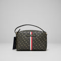 Tommy Hilfiger Crossbody Camera Bag — Negro Monograma Letras TH y Franja Tricolor