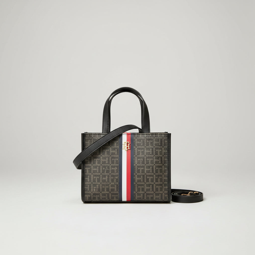 Tommy Hilfiger Mini Tote Crossbody — Caqui Monograma TH Allover y Franja Tricolor
