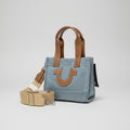 True Religion Mini Tote Denim — Azul Claro Logo Herradura Piel Café con Correa Intercambiable