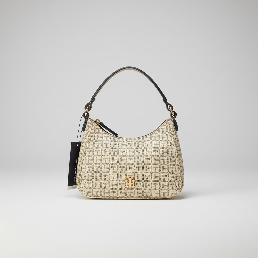Tommy Hilfiger Hobo Bag — Monograma TH Allover Crema Negro con Piel Negra