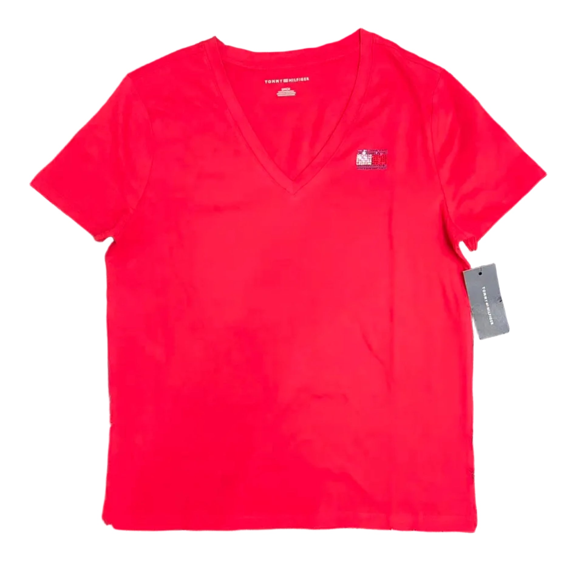 Playera Cuello V Tommy Hilfiger Roja Logo Bandera Lentejuelas Talla S
