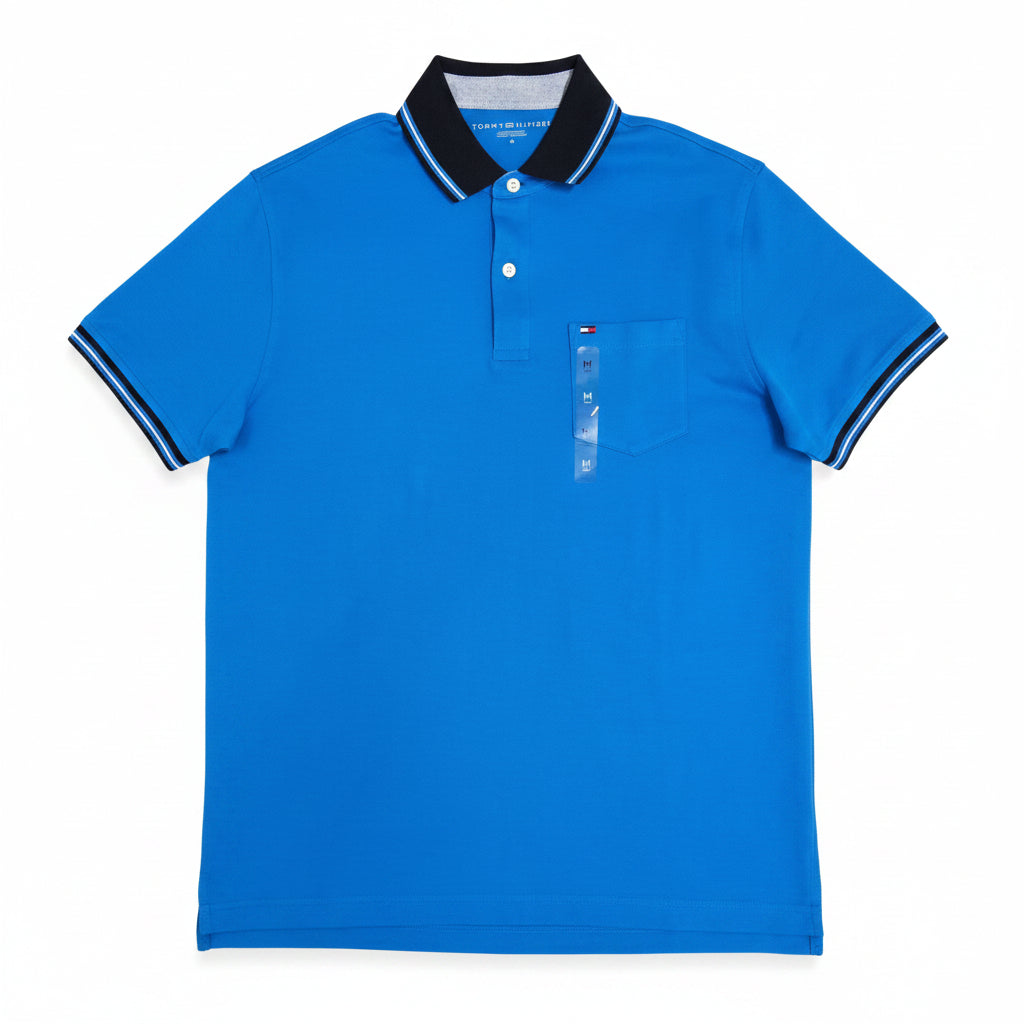 Playera Polo Tommy Hilfiger Hombre — Azul Eléctrico Cuello Negro Talla M
