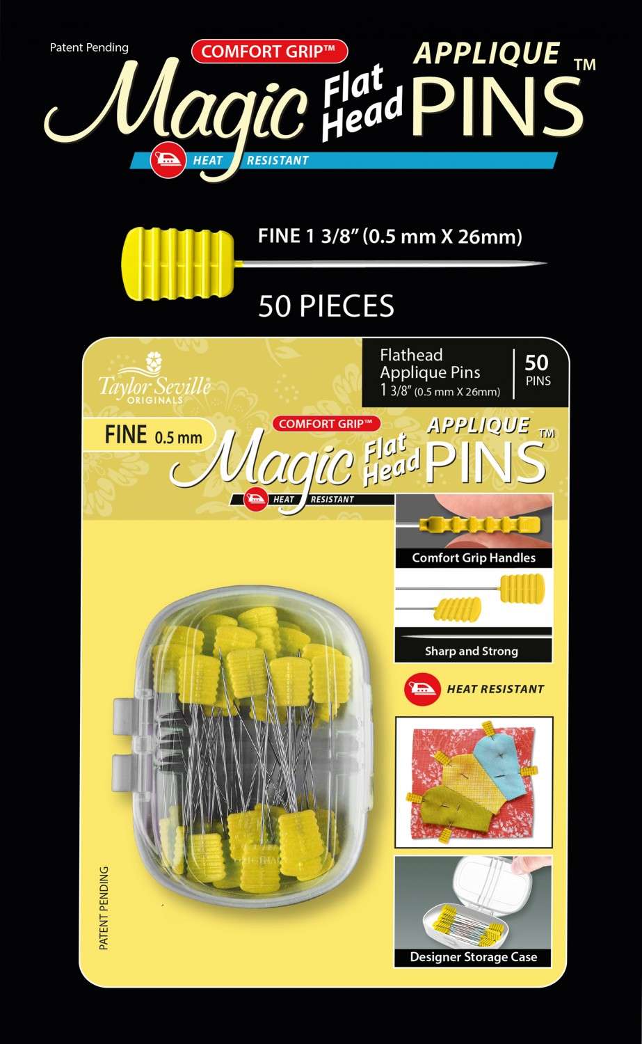 50 Alfileres Mágicos amarillos finos de 1 3/8" para apliqué de cabeza plana de silicón Resistentes al calor