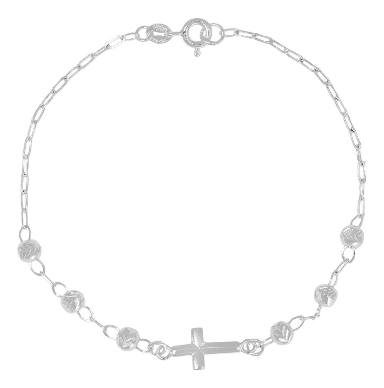 Pulsera De Plata 925 Con Cruz Y Bola Diamantada 18 Cm