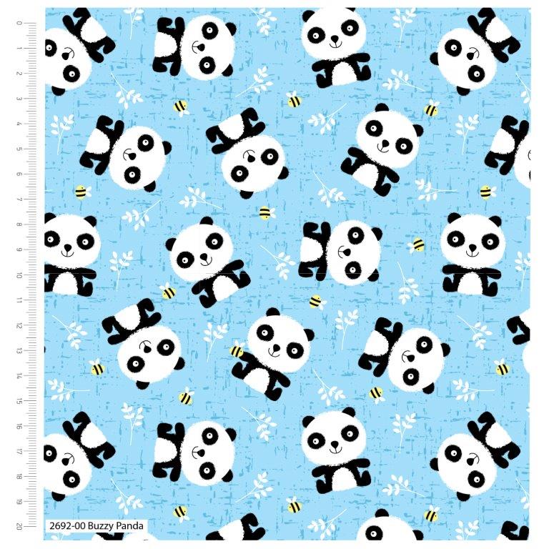 1/2 metro Tela de algodón Osito panda y abejas sobre azul