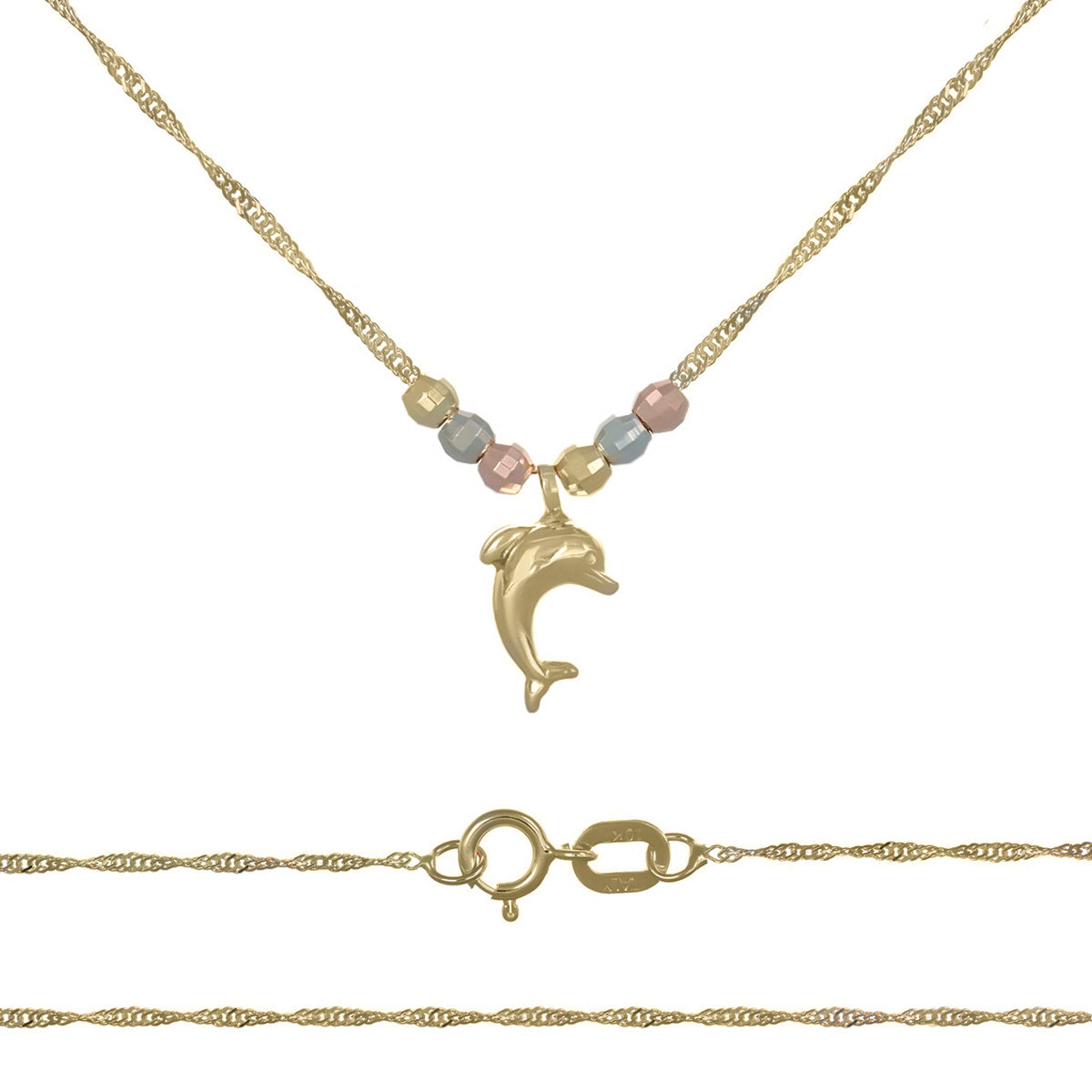 Gargantilla Italiana 14k De Delfin Y Bolas Tricolor