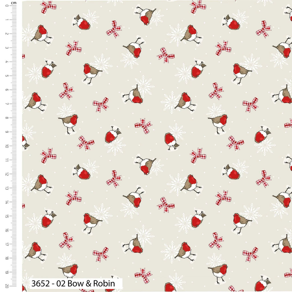 1/2 metro de Tela de algodón estampada Petirrojos y Moños Navideños rojo y beige