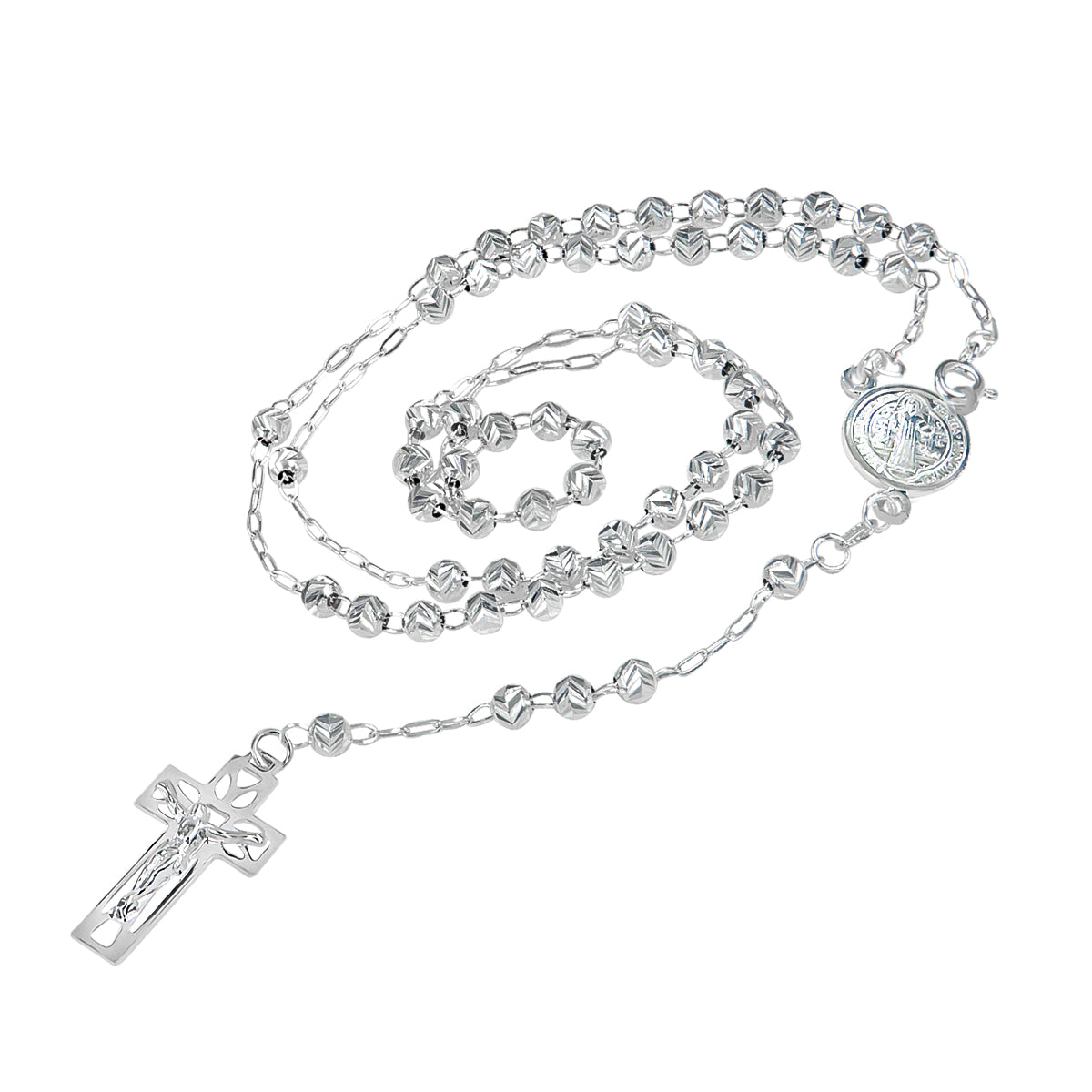 Rosario De Plata Ley 925 Con Bola Diamantada De 55 Cm