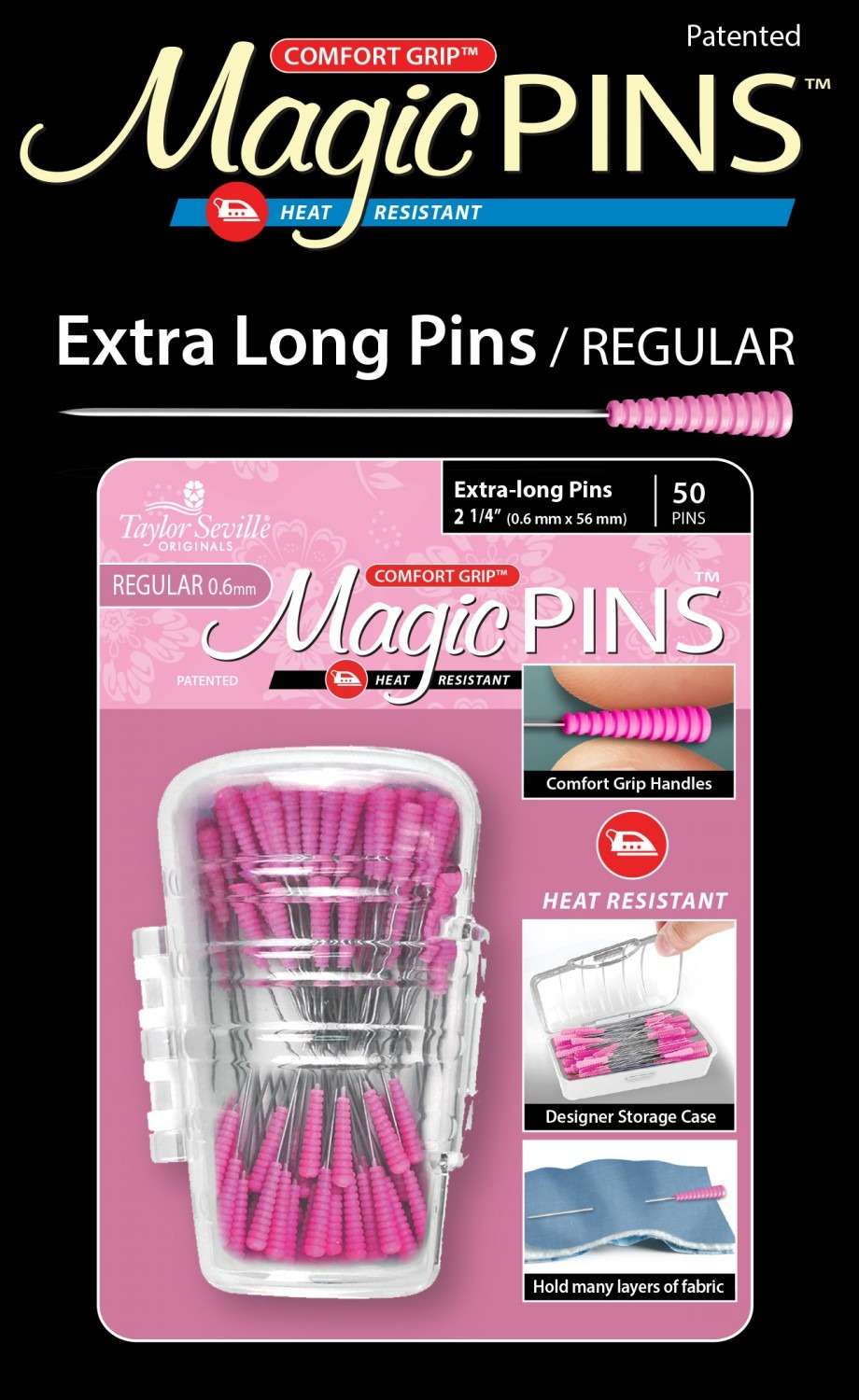 50 Alfileres Mágicos Extra Largos de 36 mm rosas de silicón Resistentes al calor Fáciles de agarrar con estuche