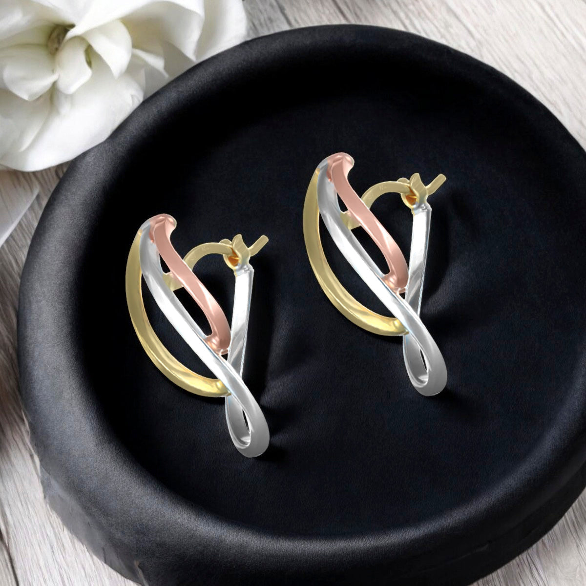 Arete Arracada Torsida De Oro De 10 Quilates En Tres Colores