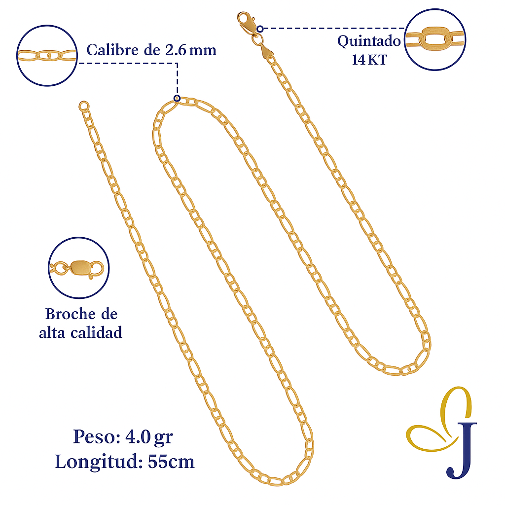 Cadena De Oro Hombre Italiana Figaro 14k Calibre 2.6 Mm