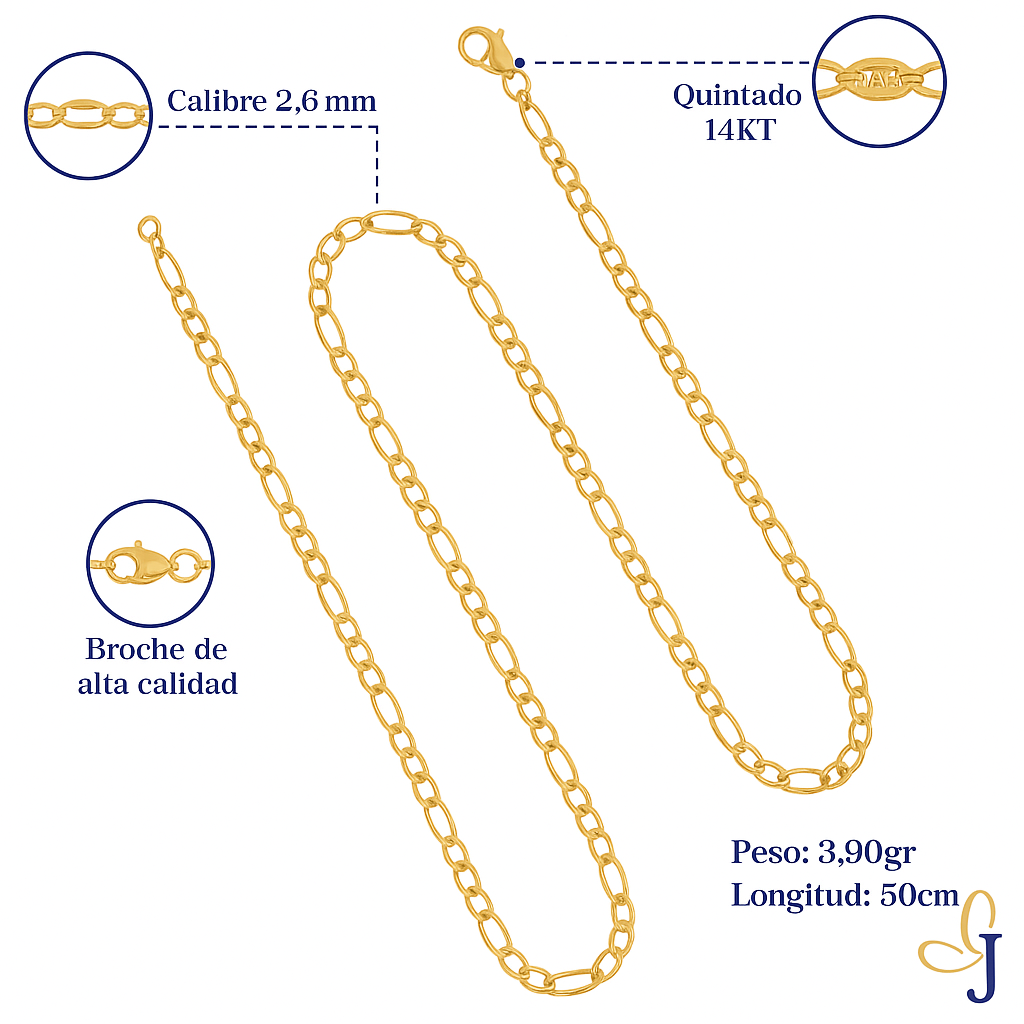 Cadena De Oro Hombre Italiana Figaro 14k Calibre 2.6 Mm