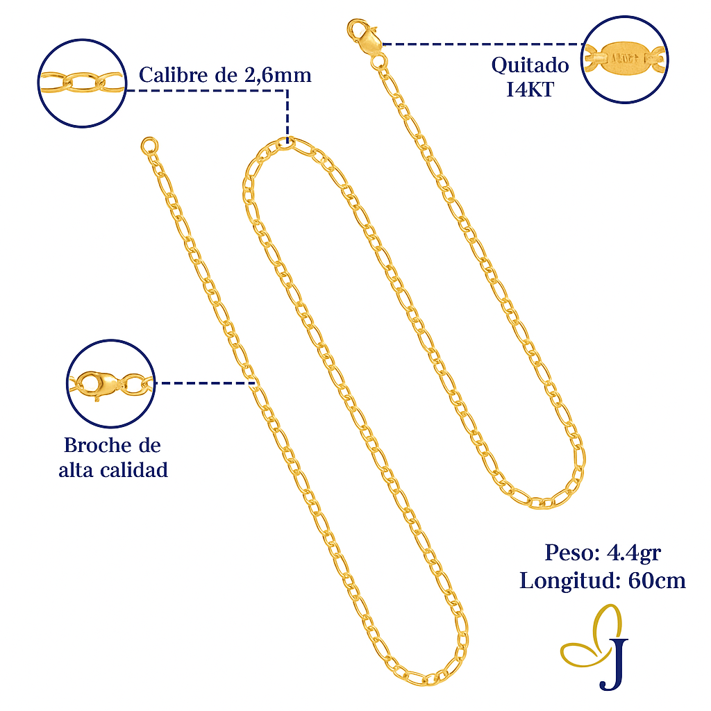 Cadena De Oro Hombre Italiana Figaro 14k Calibre 2.6 Mm
