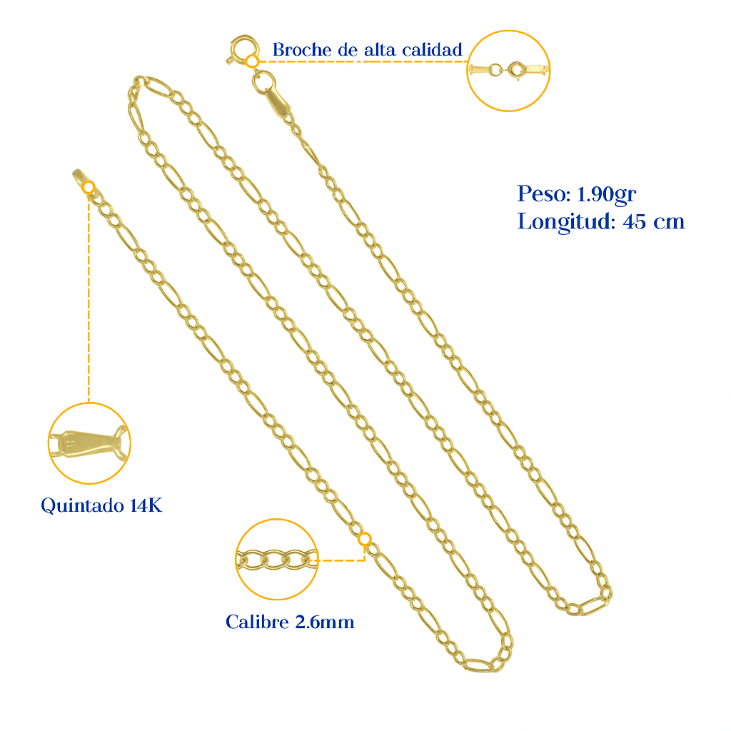 Cadena De Oro Italiano 14k, Estilo Figaro 3x1 Hueca