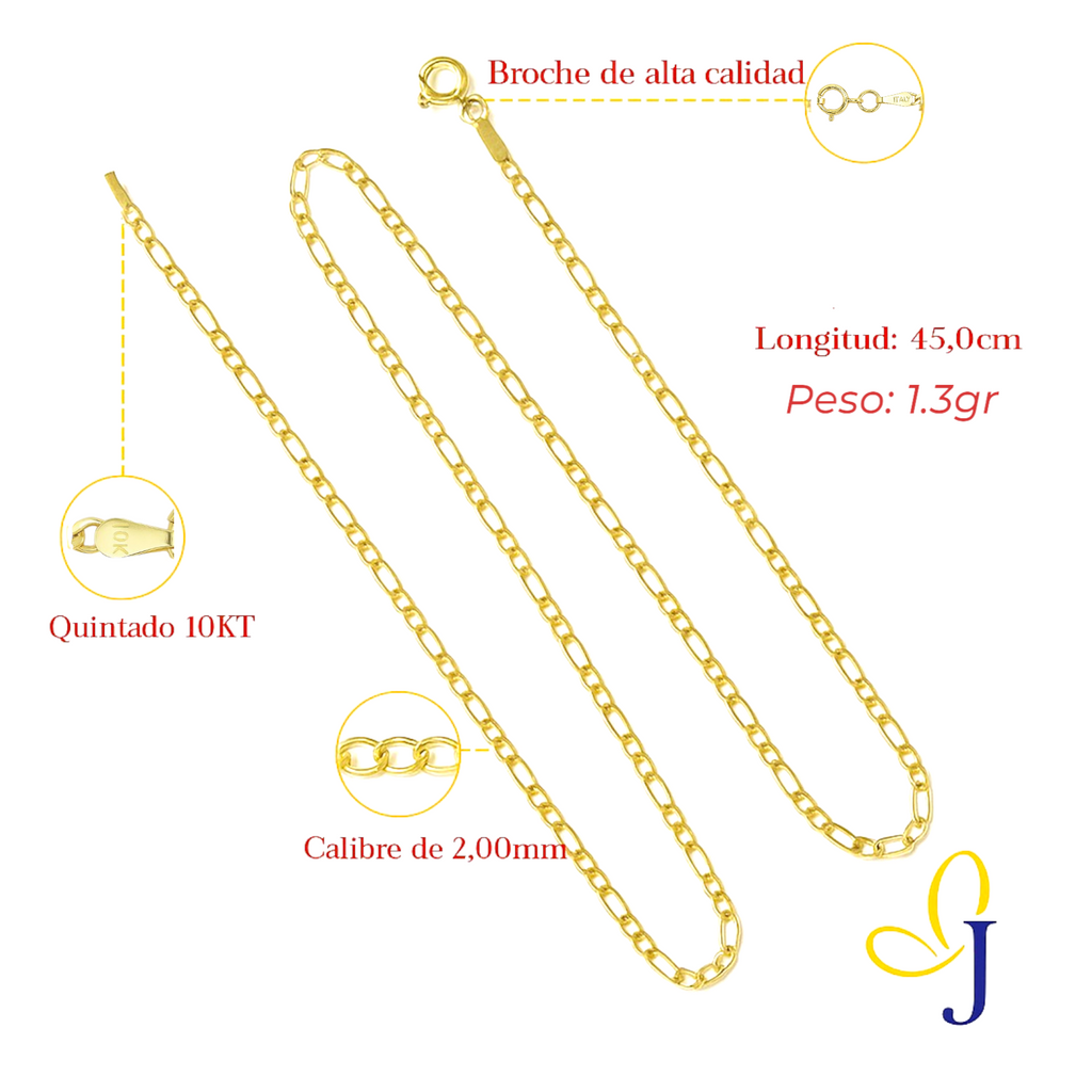 Cadena De Oro De 10k 3x1 Figaro Hueca Calibre 2.0mm