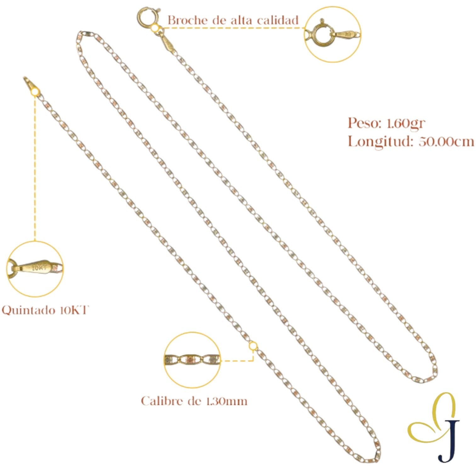 Cadena De Oro De 10k Valentino Calibre 1.3mm