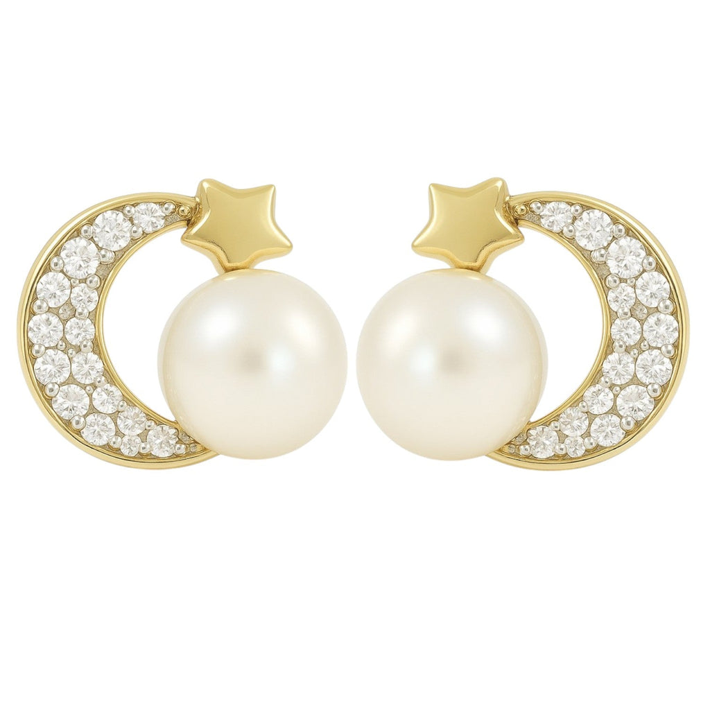 Aretes De Luna En Oro De 10k Con De Zirconia Y Perla