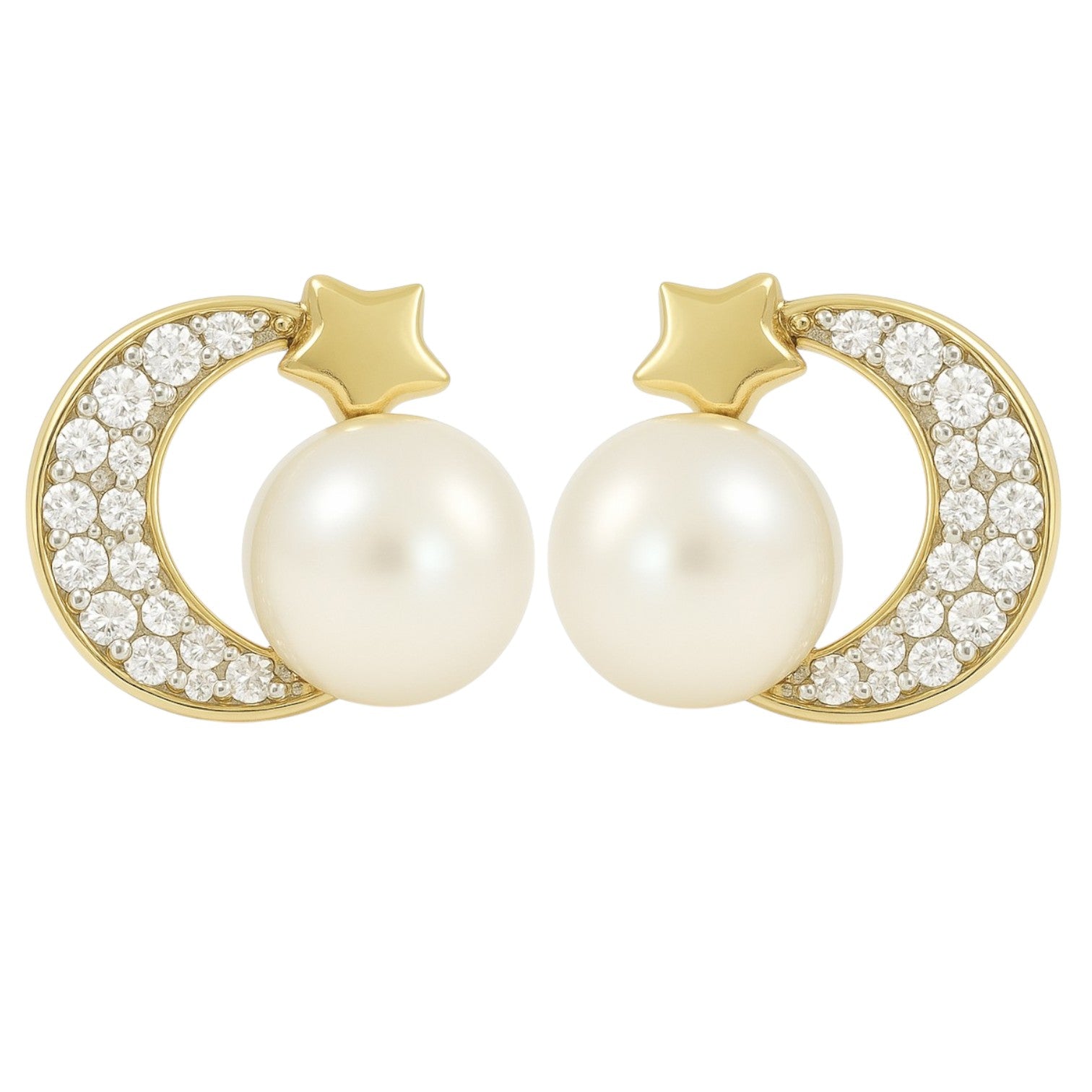 Aretes De Luna En Oro De 10k Con De Zirconia Y Perla