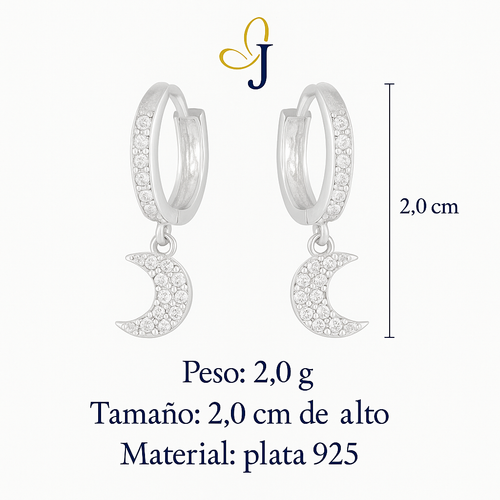 Arete Huggie De Plata 925 Con Colgate De Luna Y zirconias