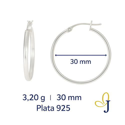 Arete Delgado De Plata 925 Liso De 30 Mm