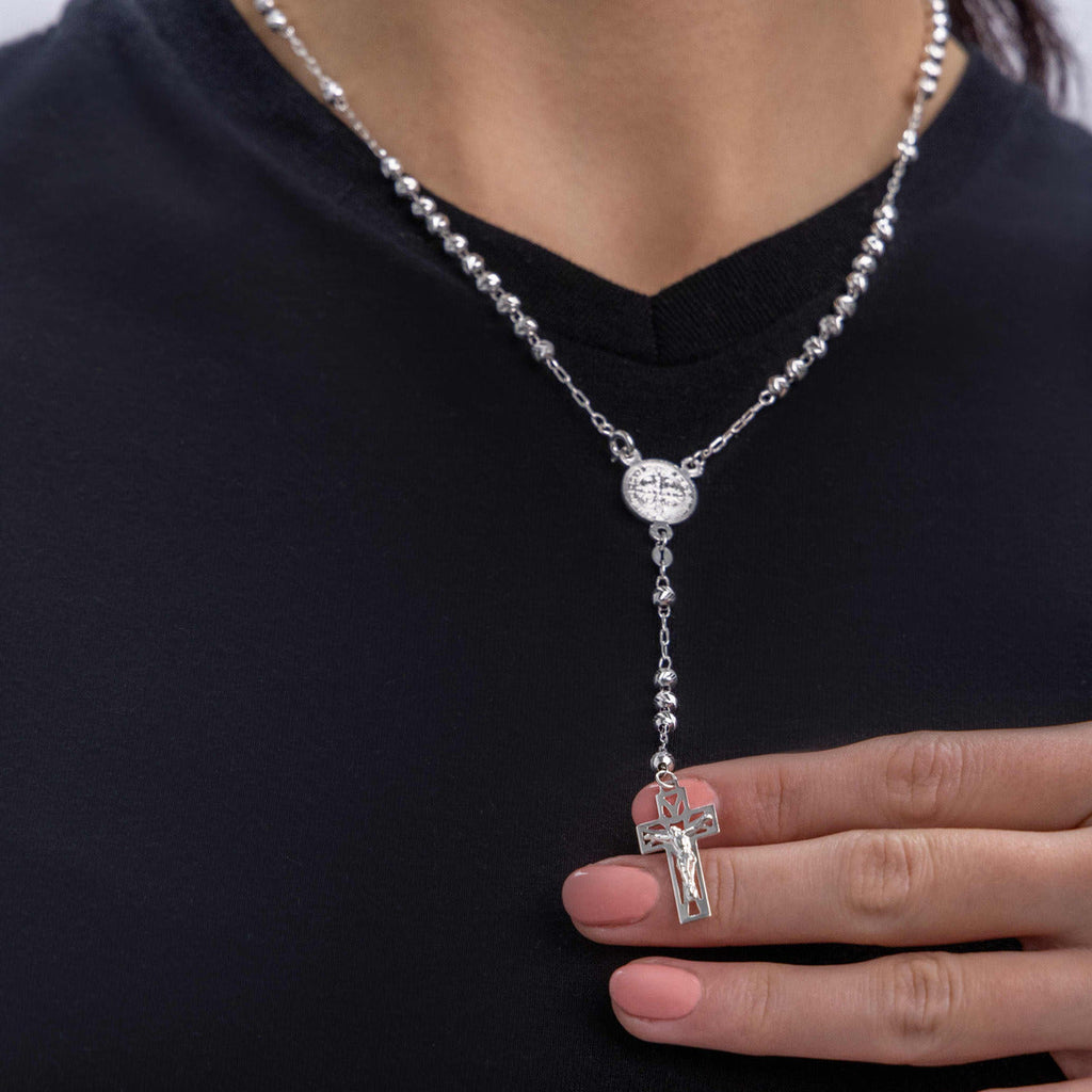 Rosario De Plata Ley 925 Con Bola Diamantada De 45 Cm