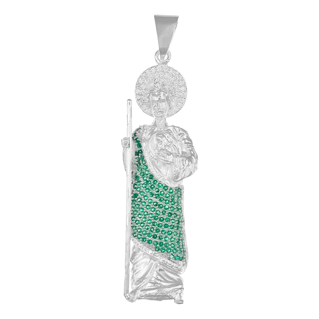 Dije De Plata 925 San Judas Con Piedra Zirconia Verde 7.5cm