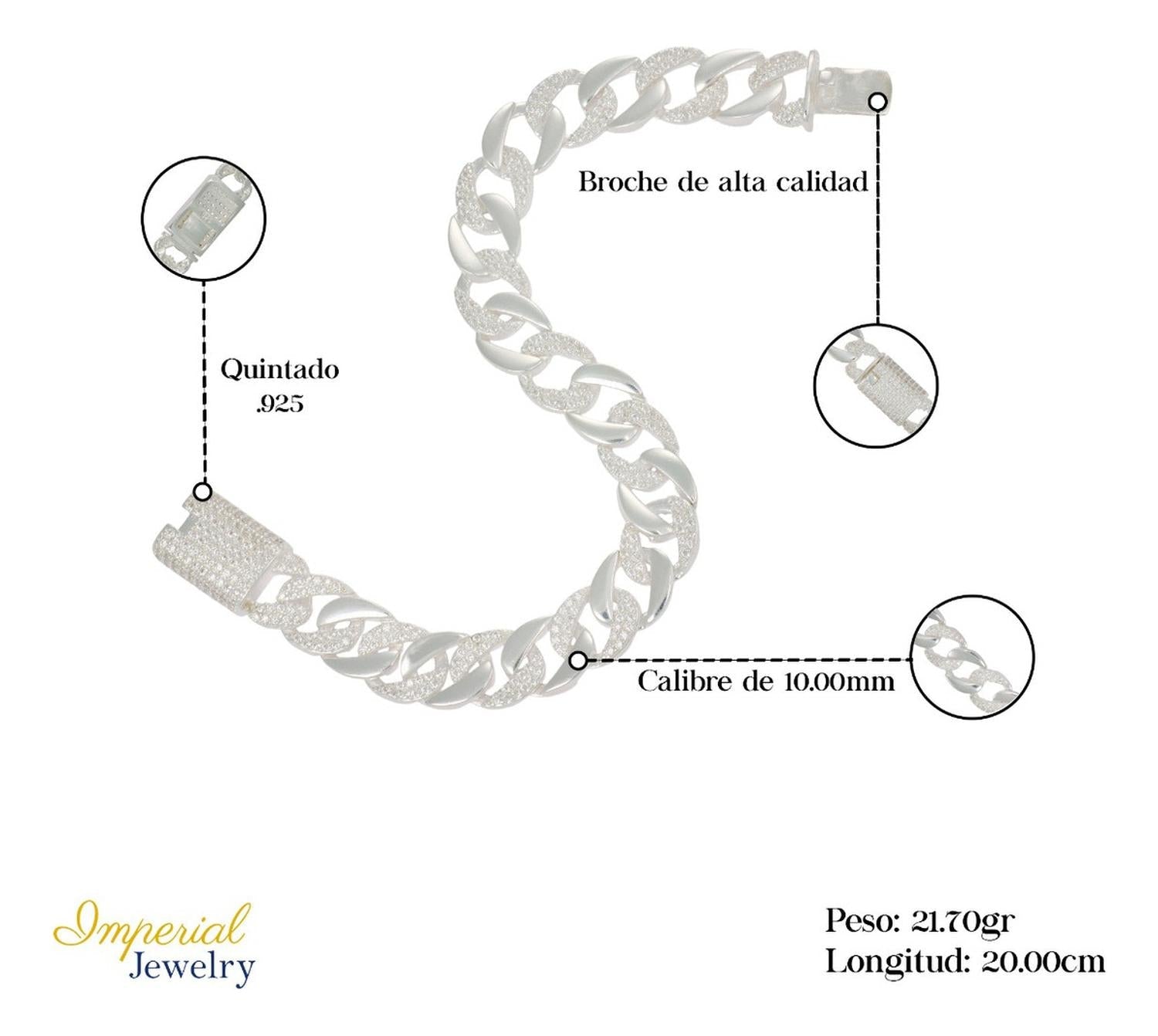 Pulsera Turca De Plata 925 Barbada Con Zirconia De 20 Cm