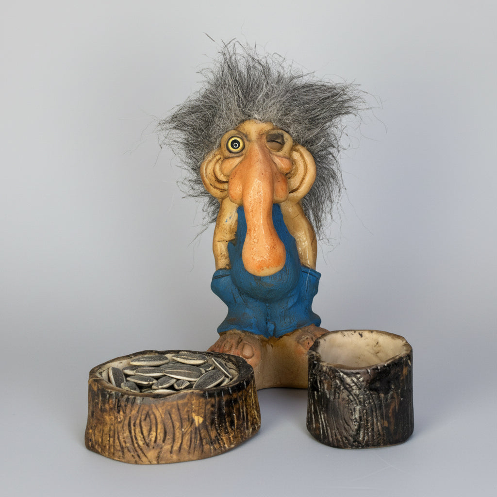 Troll Desiciones 10cm + Comedero + Semillas + Tarjeta Azul