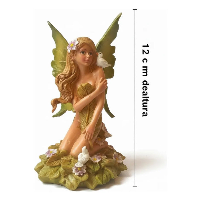 Figura Decorativa Hada Mágica Con Palomas De Resina 12 Cm Verde Oscuro