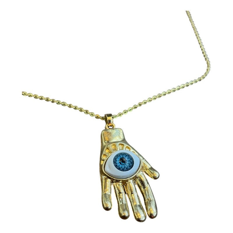 Mano Con Ojo Dije Con Cadena En Metal Dorado Dorado