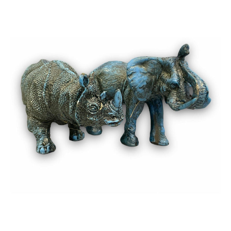 Figura Elefante Y Rinoceronte Azul Feng Shui 8.6cm Y 7.5cm Azul Petróleo