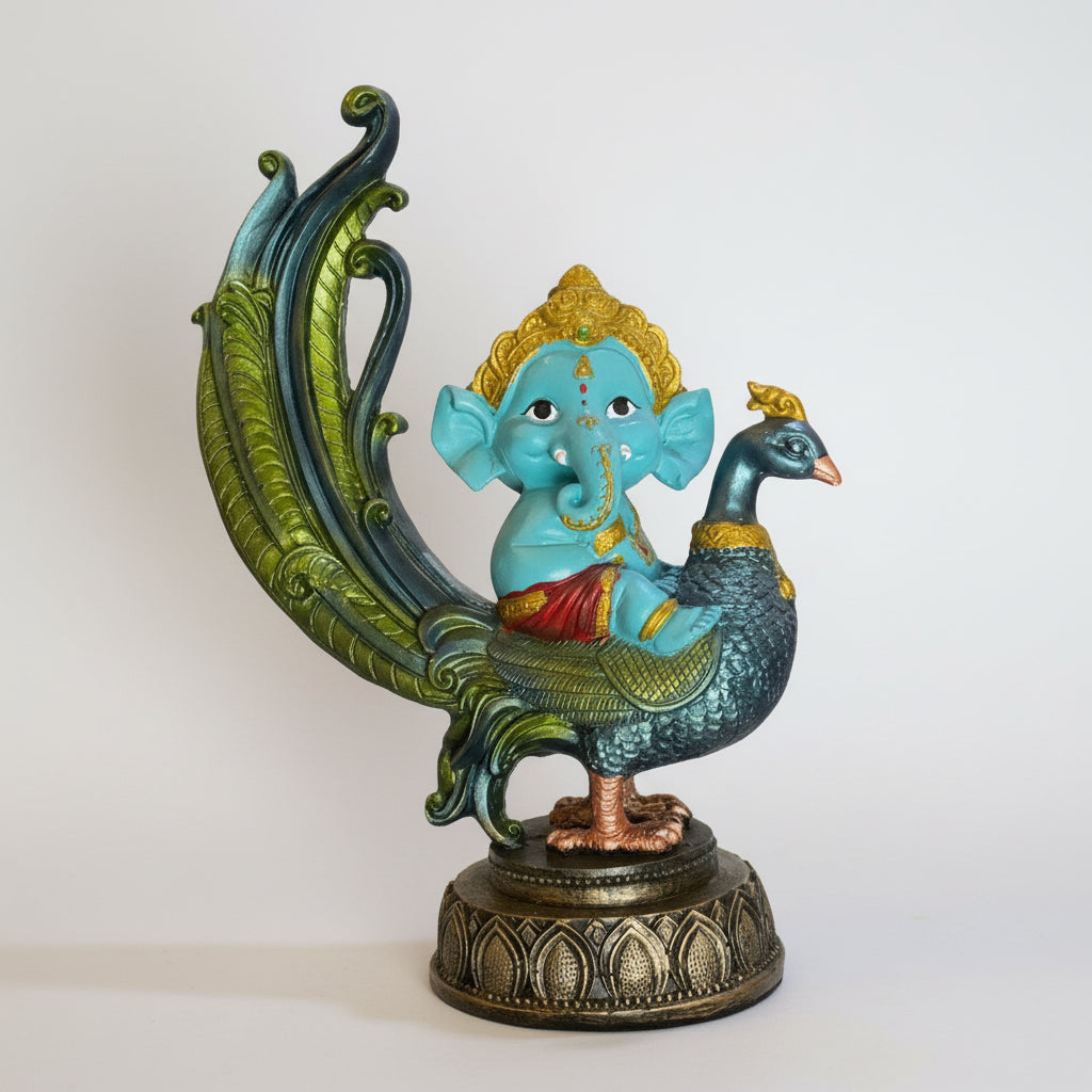 Ganesh Pavo Real Figura Resina  Prosperidad 24cm 3 Colores