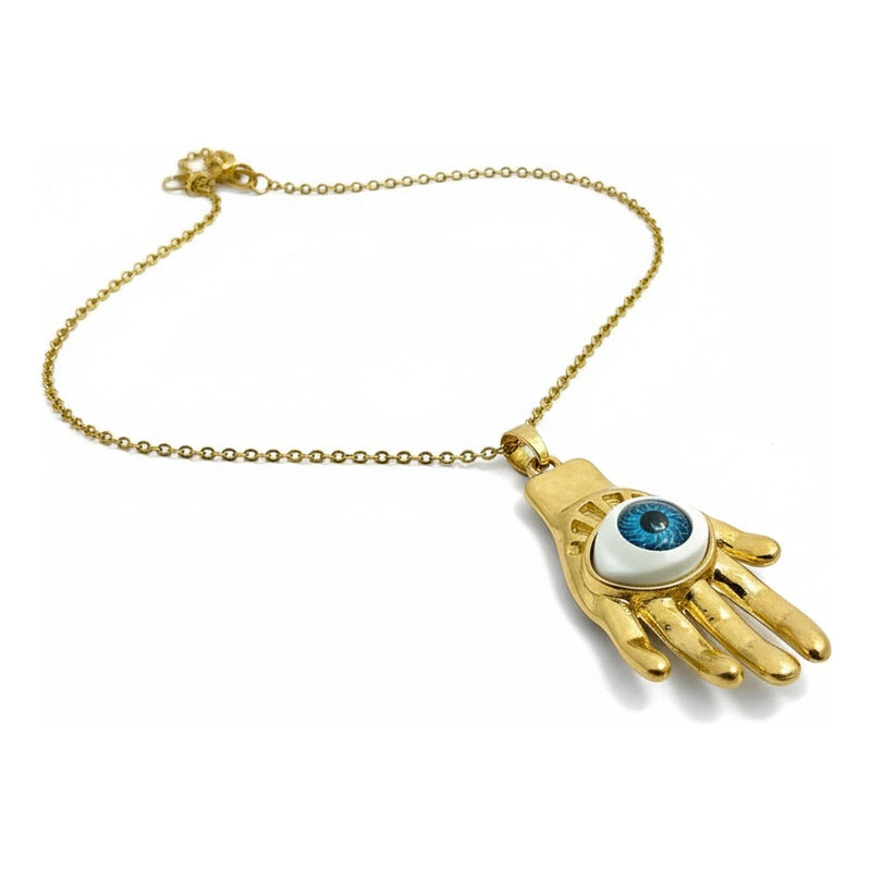 Mano Con Ojo Dije Con Cadena En Metal Dorado Dorado