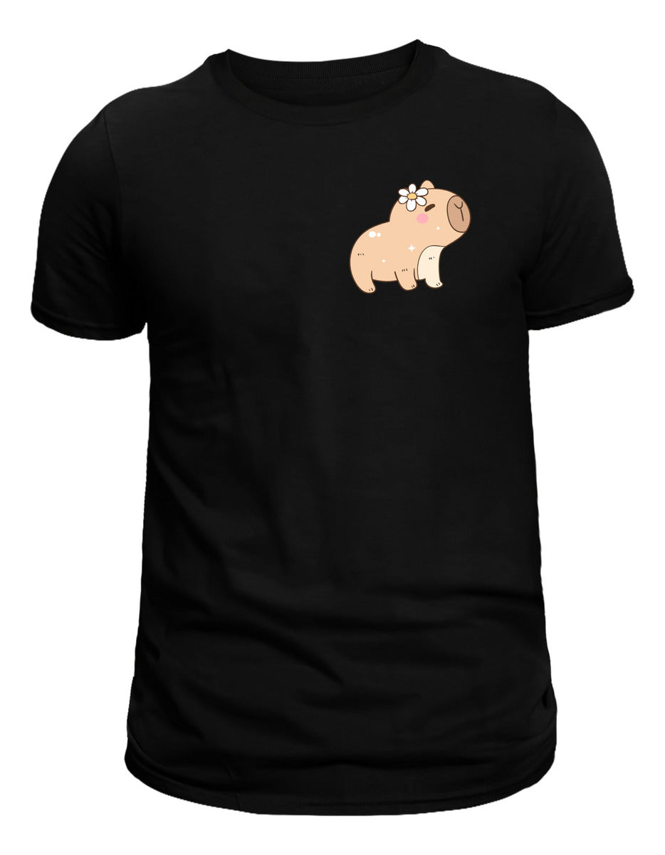 Playera Negra Hombre – Capibara con Flor | Diseño Tierno Minimalista | Minimalismo Urbano