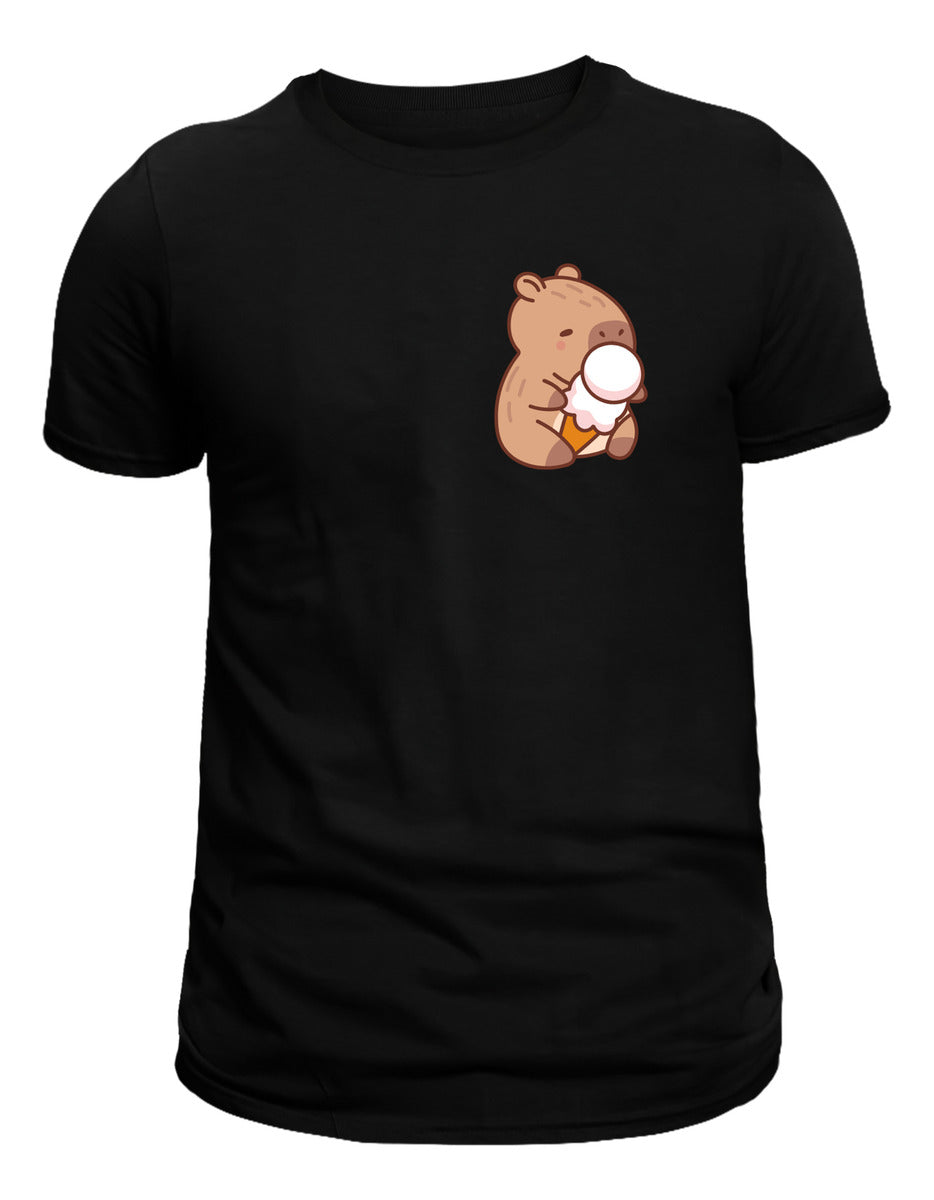 Playera Negra Mujer – Capibara con Helado | Diseño Divertido Minimalista